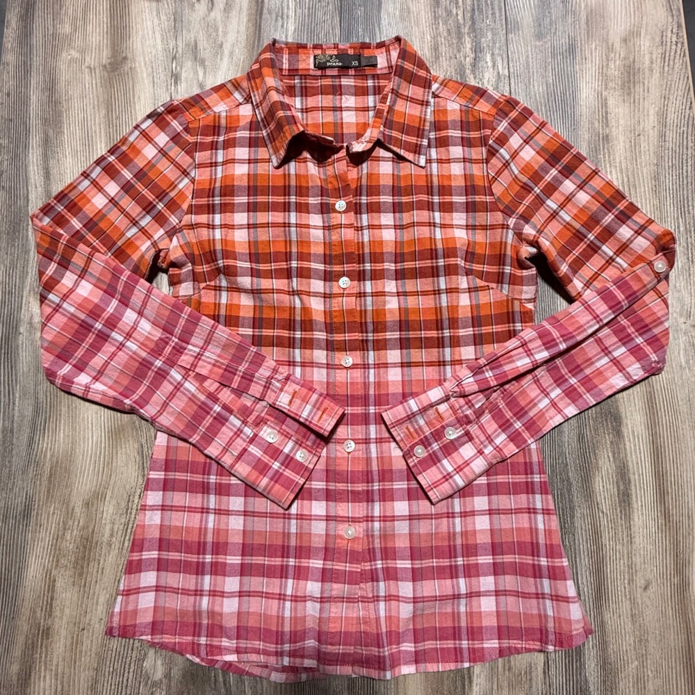 Prana Button Down Shirt Orange Pink Plaid Ombre Gorpcore